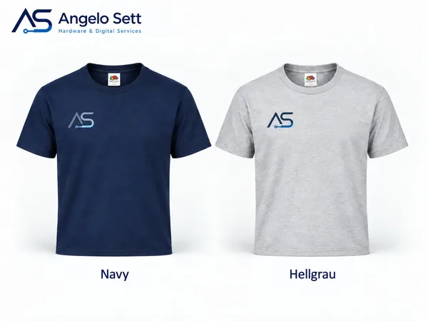T-Shirts in Navy und Hellgrau mit dem Logo von Angelo Sett Hardware & Digital Services