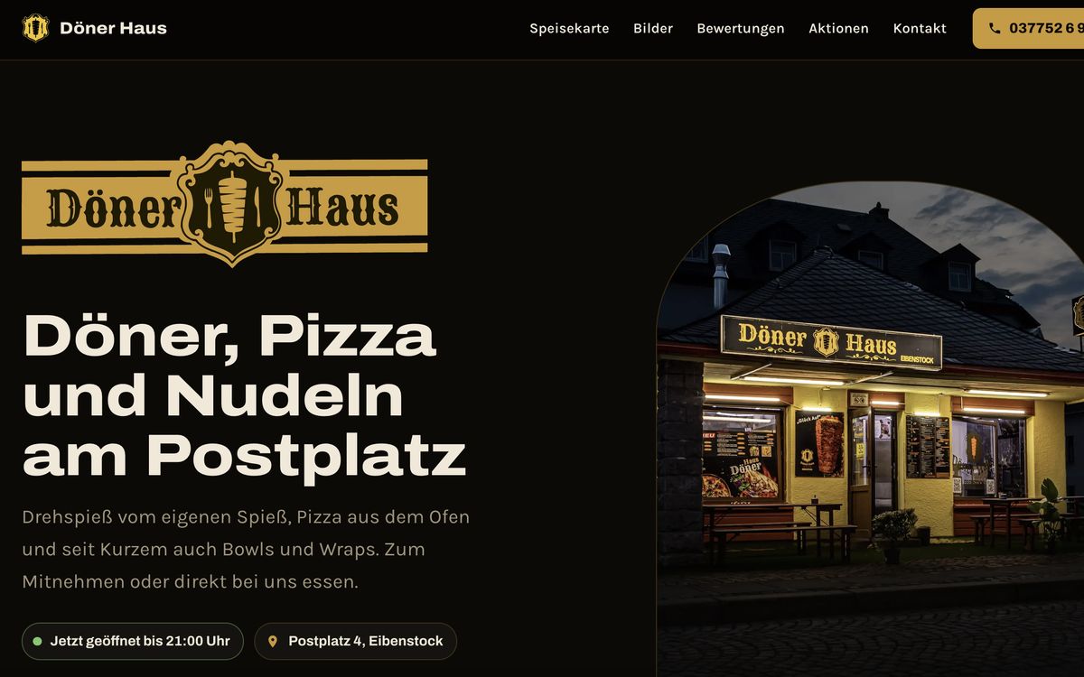 Startseite der Website des Döner Haus Eibenstock mit Logo und Foto des beleuchteten Imbisses am Postplatz