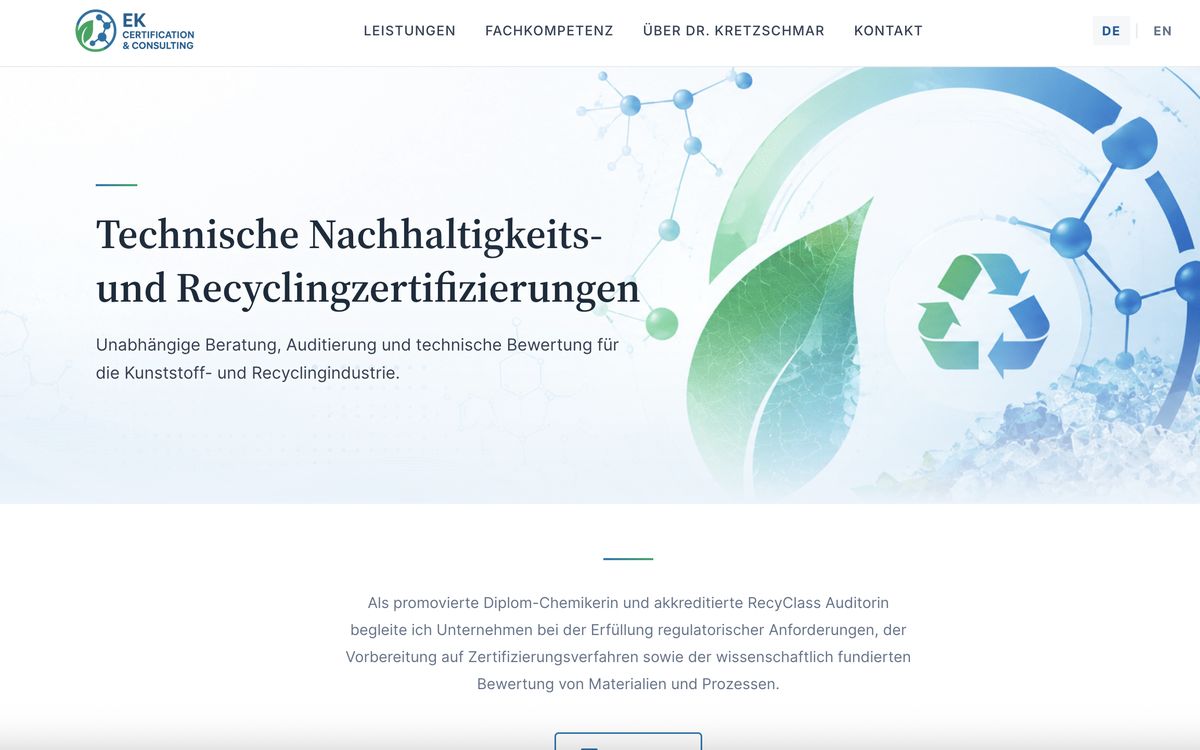 Startseite von EK Certification & Consulting mit der Überschrift „Technische Nachhaltigkeits- und Recyclingzertifizierungen“